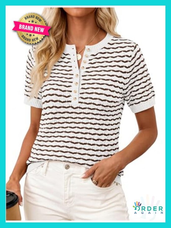 Sweaters - PRETTYGARDEN Womens Summer Striped Short Sleeve Sweater Button Henley Top